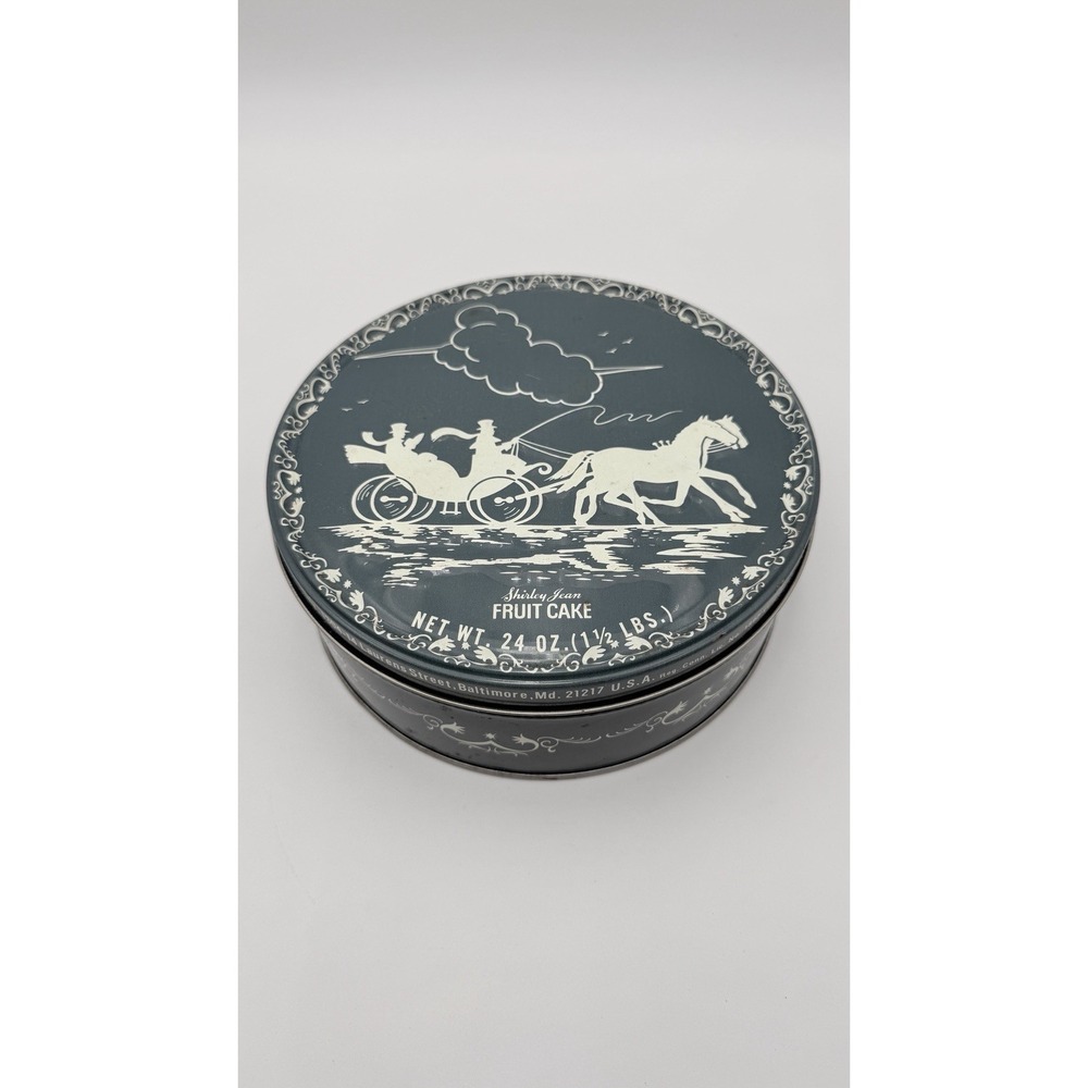 Shirley Jean Fruit Cake Tin 24 oz Horse Pulled Sleigh Capital Blue White Tin